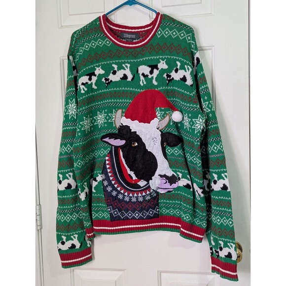 33 Degrees Ugly Christmas Sweater Santa Cow Mens Large Green Red Fair Isle - Picture 1 of 8